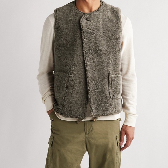 CHIMALA Reversible Cotton Twill And Faux Shearling Gilet Green Vest Army Craig - Picture 4 of 8